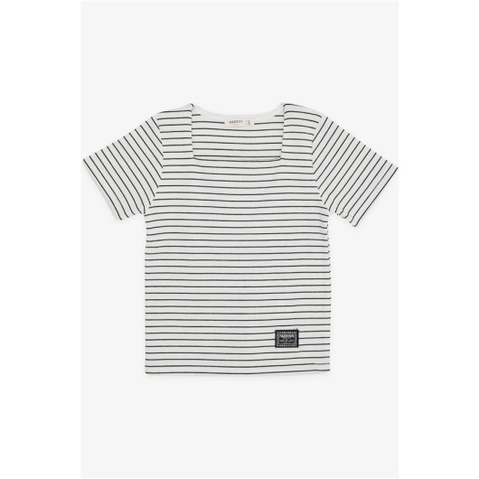 Girl's T-Shirt Striped Square Collar Clasp Ecru (9-14 Years)