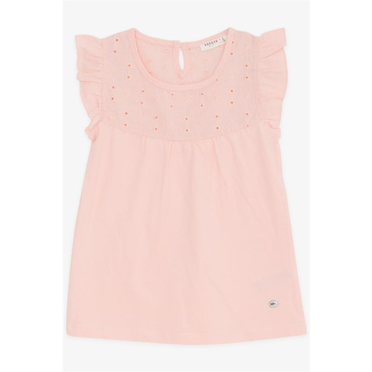 Girl's T-Shirt Frilly Embroidered Salmon (4-8 Years)
