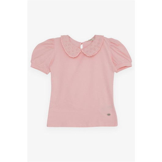 Girl's T-Shirt Wide Collar Embroidered Crest Pink (5-10 Years)