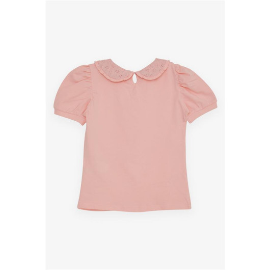 Girl's T-Shirt Wide Collar Embroidered Crest Salmon (5-10 Years)