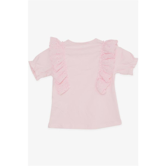Girl's T-Shirt With Guipure Embroidered Elastic Sleeves Pink (3-8 Ages)
