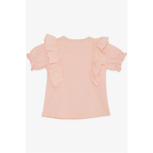 Girl's T-Shirt With Guipure Embroidered Sleeves Elastic Salmon (3-8 Ages)