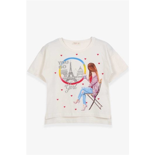 Girl's T-Shirt Heart Glittery Girl Printed Ecru (9-16 Years)
