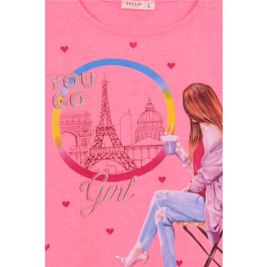 Girl's T-Shirt Heart Glittery Girl Printed Neon Pink (9-16 Years)