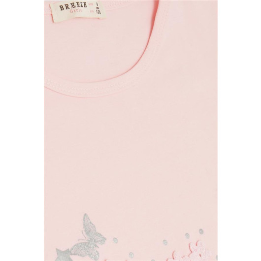 Girl's T-Shirt Butterfly Printed Embroidered Pink (4-8 Years)