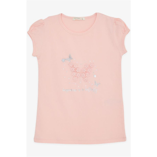 Girl's T-Shirt Butterfly Printed Embroidered Salmon (4-8 Years)