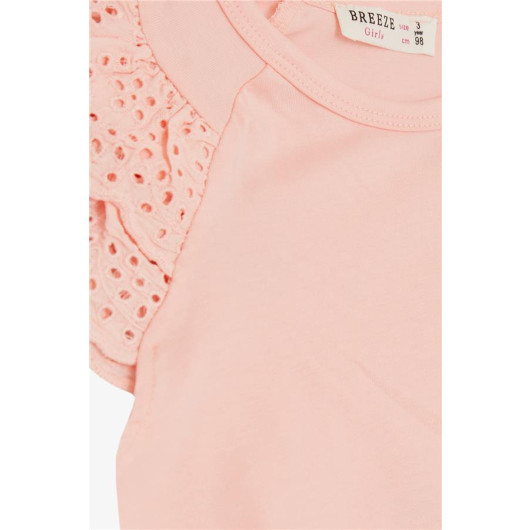 Girl's T-Shirt Sleeves Guipure Embroidered Salmon (3-8 Years)