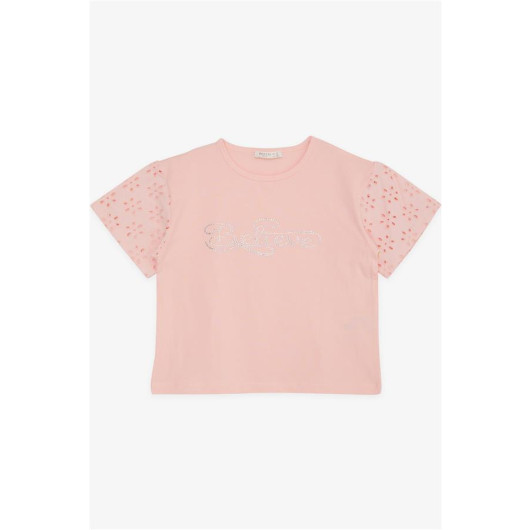 Girl's T-Shirt Sleeves Guipure Embroidered Stony Text Printed Salmon (9-14 Years)