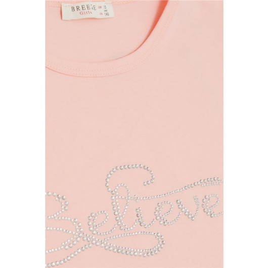 Girl's T-Shirt Sleeves Guipure Embroidered Stony Text Printed Salmon (9-14 Years)