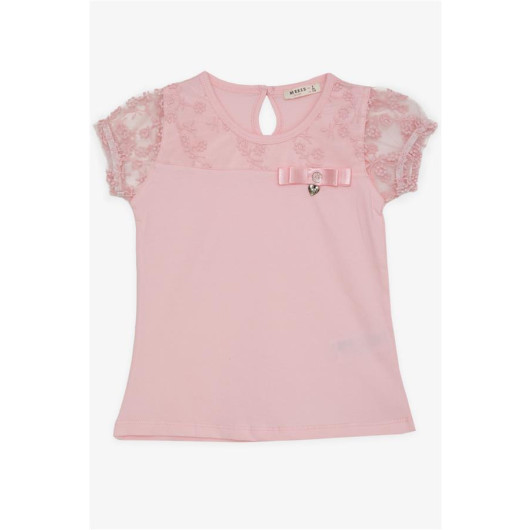 Girl's T-Shirt Embroidered Sleeves Tulle Elastic Pink (5-10 Years)