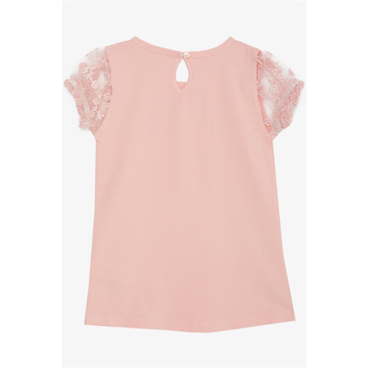 Girl's T-Shirt, Salmon With Embroidered Tulle And Elastic Sleeves (Ages 5-10)