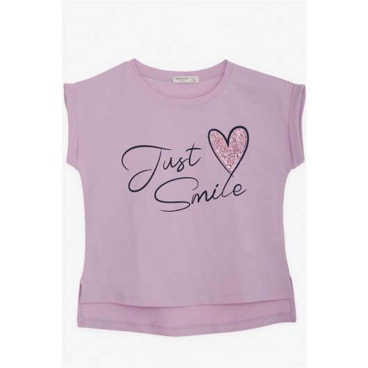 Girl's T-Shirt Decorated With Sequins In The Shape Of A Heart In The Color Mauve, Revealing (10-16 Years)