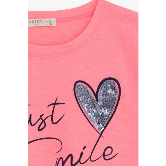 Girl's T-Shirt Decorated With Sequins Heart Shape Pink(10-16Yrs)