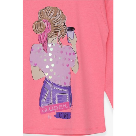 Girl's T-Shirt Sequin Girl Printed Neon Pink (9-14 Years)