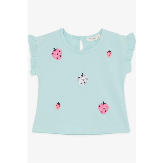 Girl's T-Shirt Sequin Colorful Strawberry Printed Water Green (1.5-5 Years)
