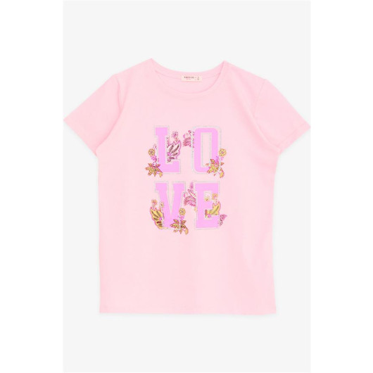 Girl's T-Shirt Glittery Lettering Floral Print Neon Pink (10-16 Years)