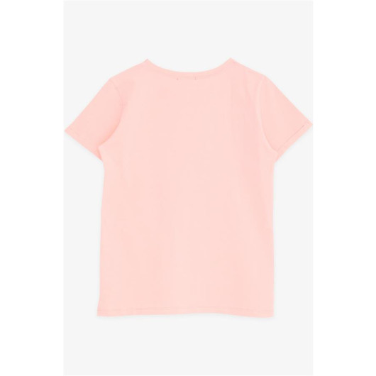 Girl's T-Shirt Glittery Lettering Floral Printed Salmon (10-16 Years)