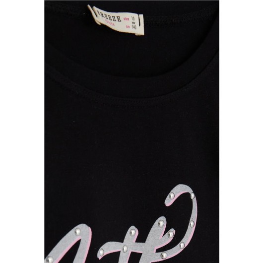 Girls' Black Printed T-Shirt (9-16 Years)