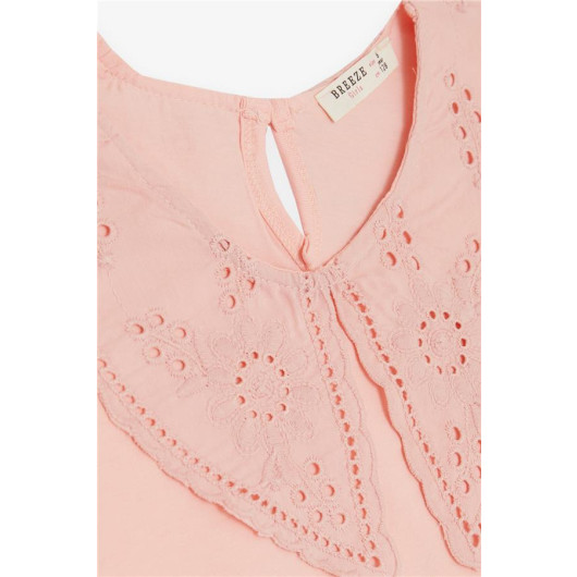 Girl's T-Shirt Collar Guided And Embroidered Salmon (6-12 Ages)