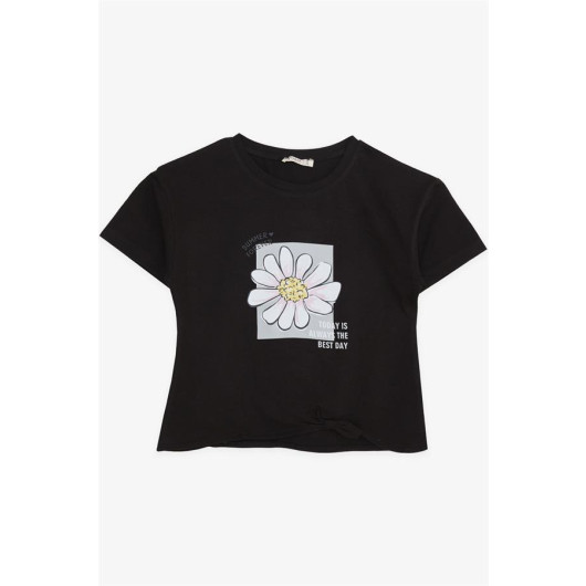 Girl's T-Shirt Summer Themed Floral Pattern Black (9-14 Years)