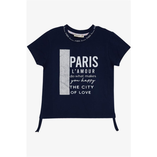 Girl's T-Shirt, Letter Printed, Glittery, Shirred Sides, Navy Blue (9-14 Years)