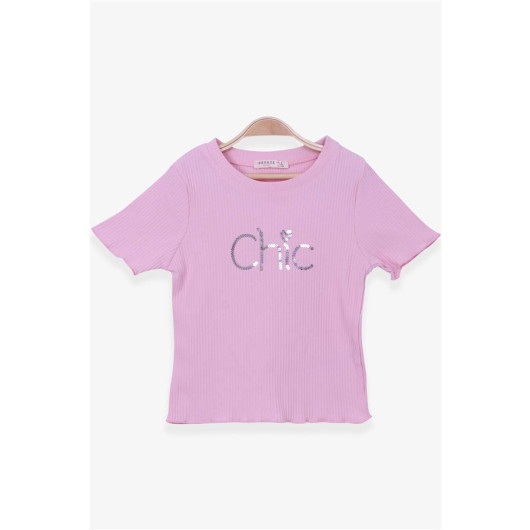 Girls' T-Shirt, Lettering, Sequins, Light Pink (8-14 Years)