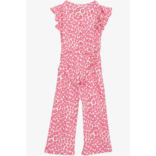 Girl's Jumpsuit Floral Patterned Buttoned Pocket Fuchsia (6-12 Years)