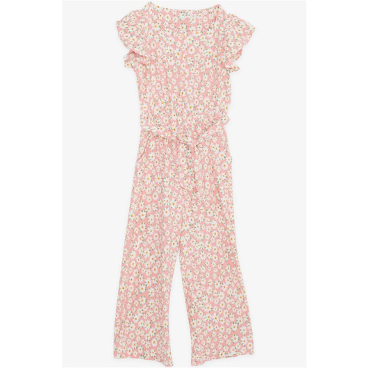Girl's Overalls Floral Patterned Salmon With Buttons And Pockets (6-12 Years)