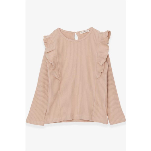 Girl's Long Sleeve Blouse With Ruffle Shoulder Beige (6-12 Ages)