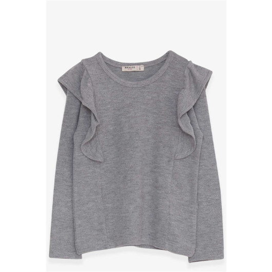 Girl's Long Sleeve Blouse With Ruffle Shoulder Gray (3-8 Years)