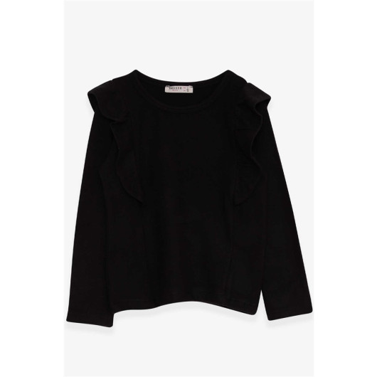 Girl Long Sleeve Blouse With Ruffle Shoulder Black (3-8 Years)