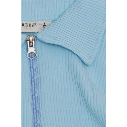 Girl's Long Sleeve Crop T-Shirt Polo Neck Half Zipper Light Blue (Ages 8-14)