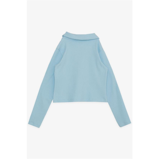 Girl's Long Sleeve Crop T-Shirt Polo Neck Half Zipper Light Blue (Ages 8-14)