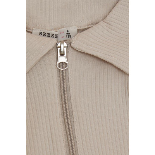 Girl's Long Sleeve Crop T-Shirt Polo Neck Half Zipper Beige (Age 8-14)