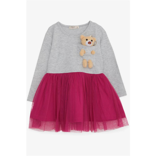 Girl's Long Sleeve Dress Light Gray Melange With Teddy Bear Accessory (Age 3)