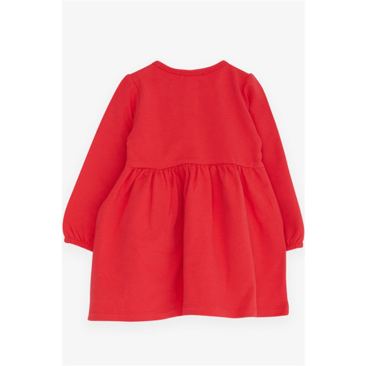 فستان بناتي بأكمام طويلة مزين بدبدوب/أحمر رماني(2-6سنوات)