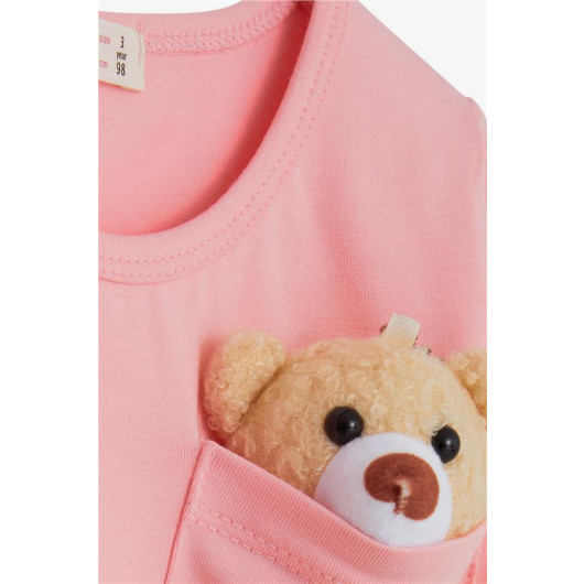 Girl's Long Sleeve Dress Pink With Teddy Bear Accessory (Age 3-8)