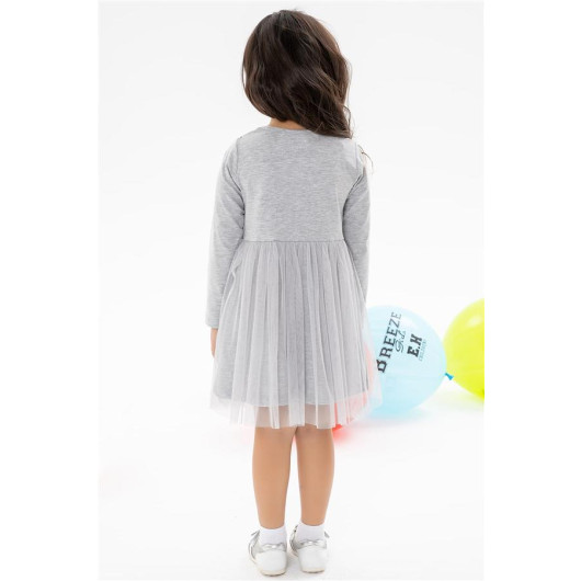 فستان بناتي بأكمام طويلة مزين برسمات وتول لون رمادي ميلانج (1.5 سنة)