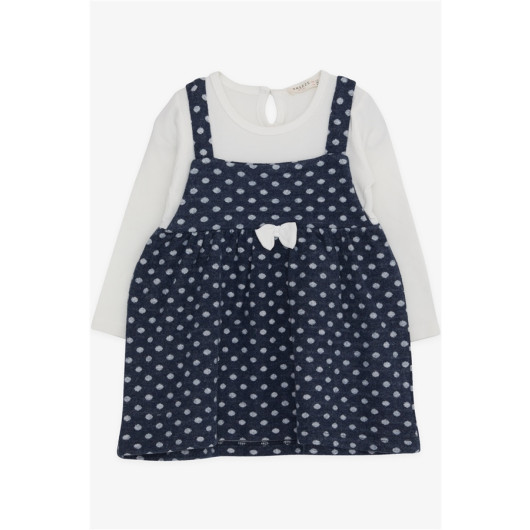 Girl Long Sleeve Dress With Bow Polka Dot Patterned Navy Blue (1.5-5 Years)