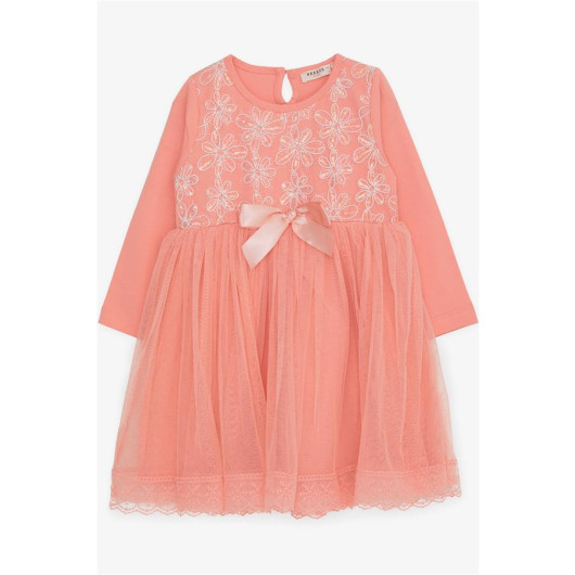 Girl Long Sleeve Dress With Bow Tulle Salmon (3-8 Ages)