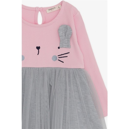 Girl Long Sleeve Dress With Cat Embroidery Pink (1.5-5 Years)