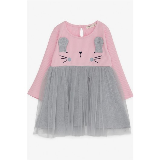 Girl Long Sleeve Dress With Cat Embroidery Pink (1.5-5 Years)