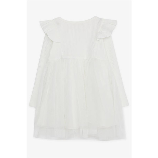 Girl's Long Sleeve Dress Ruffle Shoulder White (Age 3-8)
