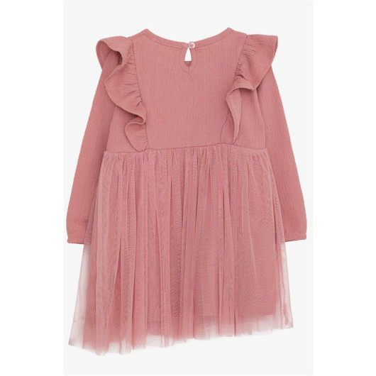Girl Long Sleeve Dress With Frill Shoulder Pink Rose (3-4 Ages)