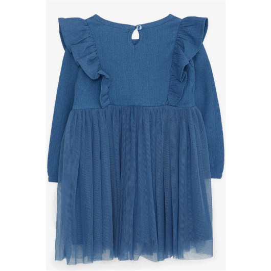 Girl Long Sleeve Dress With Ruffle Shoulder Indigo (3-8 Ages)