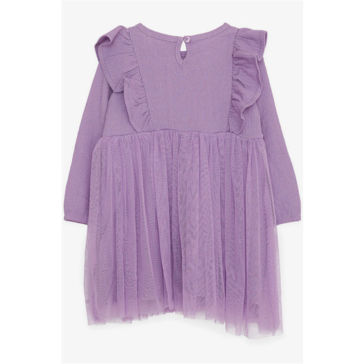 Girl Long Sleeve Dress With Ruffle Shoulder Lilac (3-8 Ages)