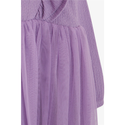 Girl Long Sleeve Dress With Ruffle Shoulder Lilac (3-8 Ages)