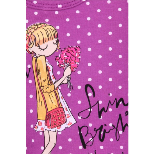 Girl's Long Sleeve Dress Purple With Polka Dot Pattern (Age 3-7)