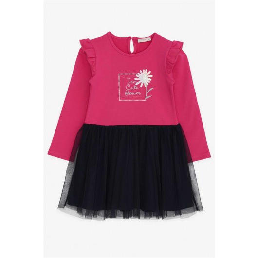 Girl Long Sleeve Dress Sequin Floral Printed Fuchsia (3-8 Years)