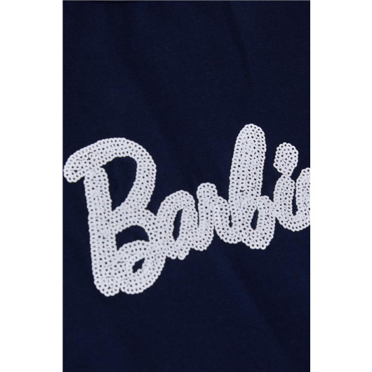 Girl's Long Sleeve Dress Sequined Text Printed Tulle Navy Blue (Age 5-10)